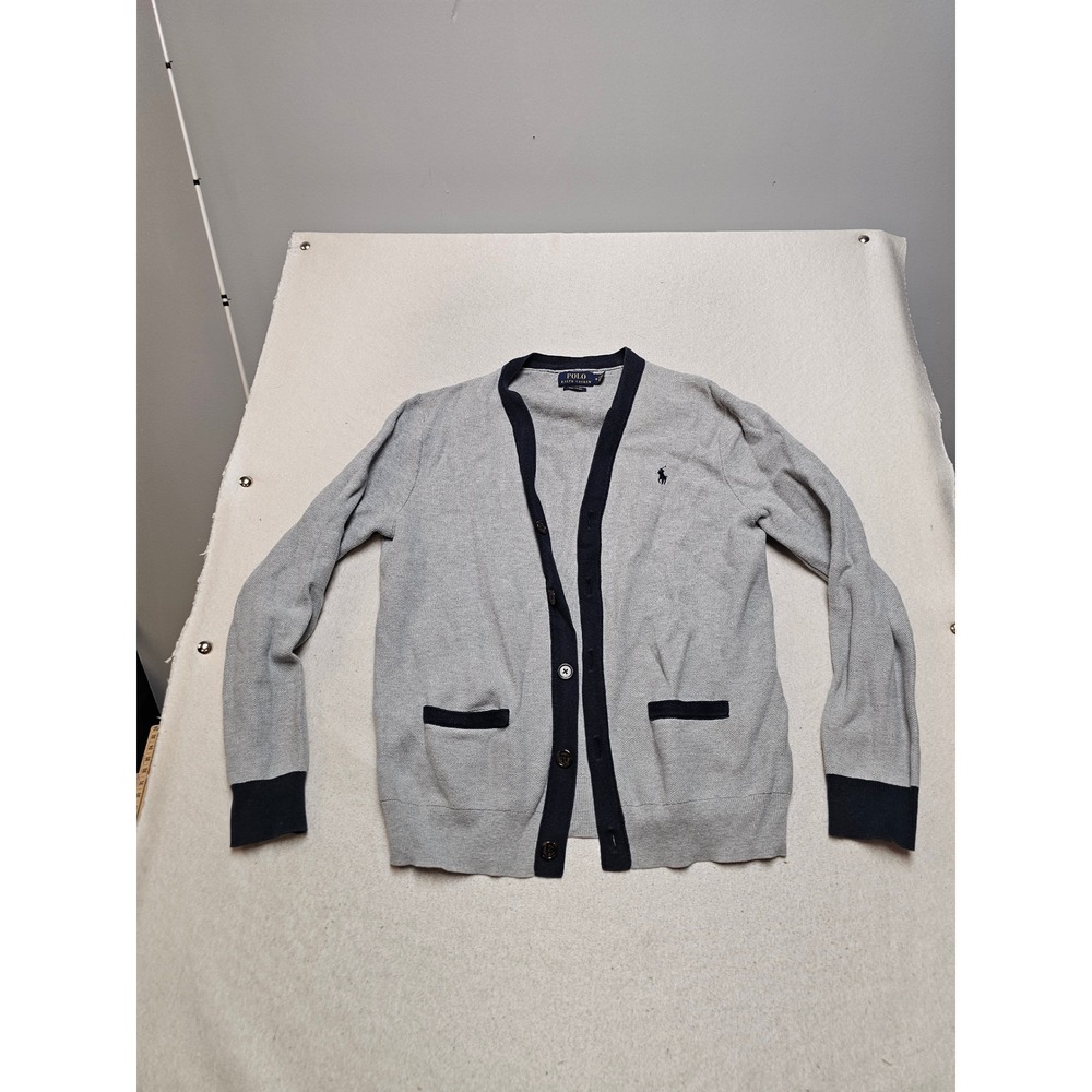 Polo Ralph Lauren Pima Cotton Cardigan Sweater Grey Navy Blue Mens Medium